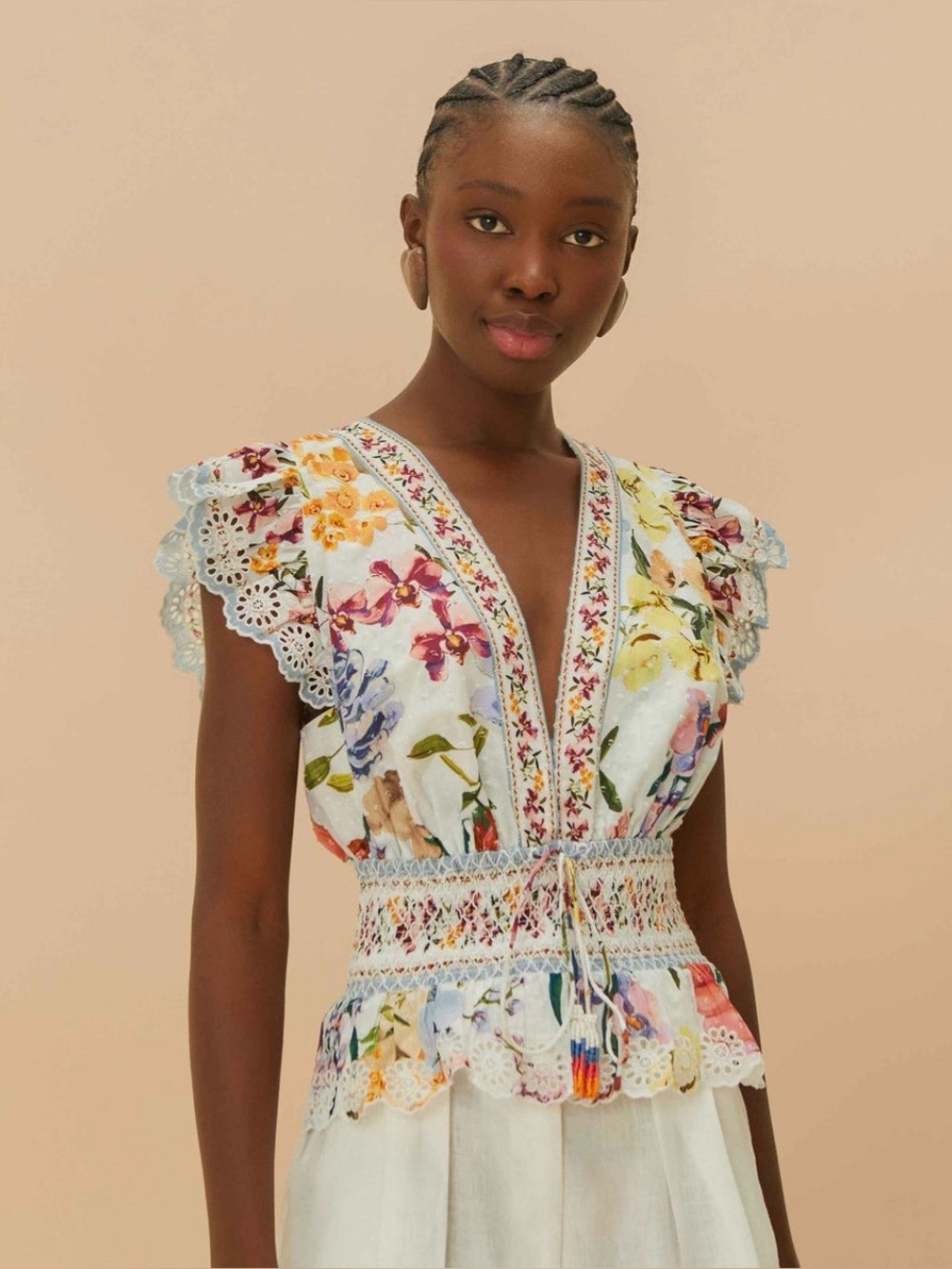 FARM Rio Multi Floral V-Neck Smocked Peplum Blouse - Picture 8 of 10